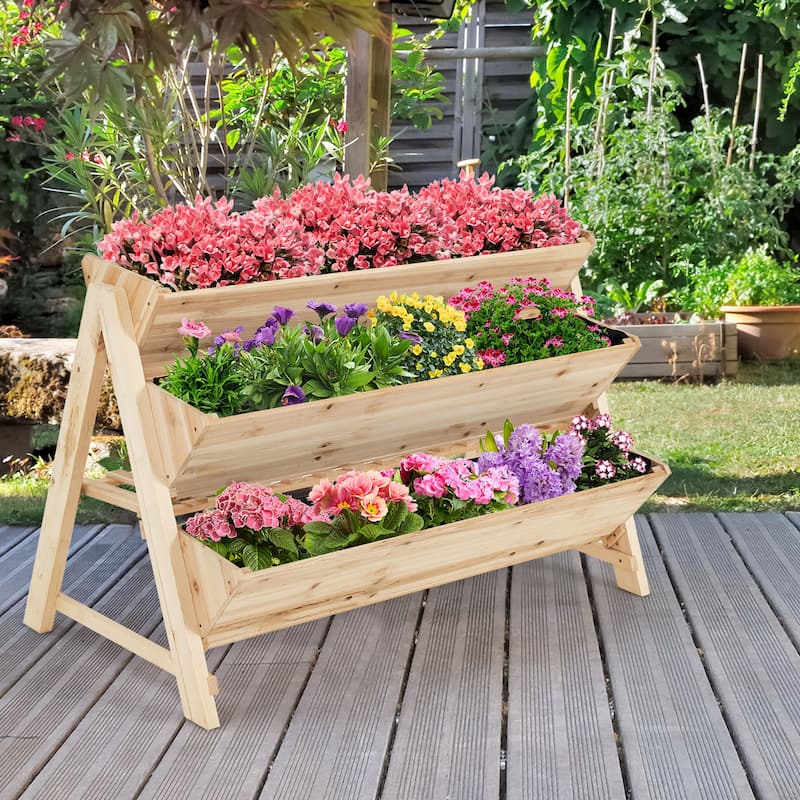 3 Tier Wooden Vertical Raised Garden Bed w/Storage Shelf & Side Hook