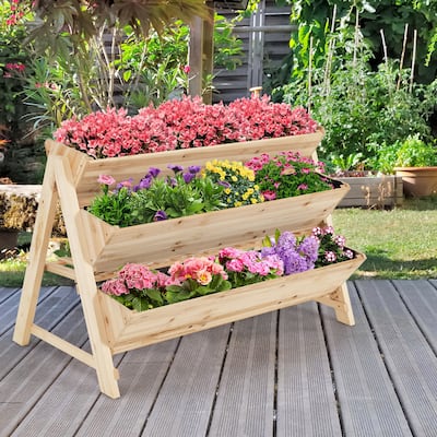 3 Tier Wooden Vertical Raised Garden Bed w/Storage Shelf & Side Hook