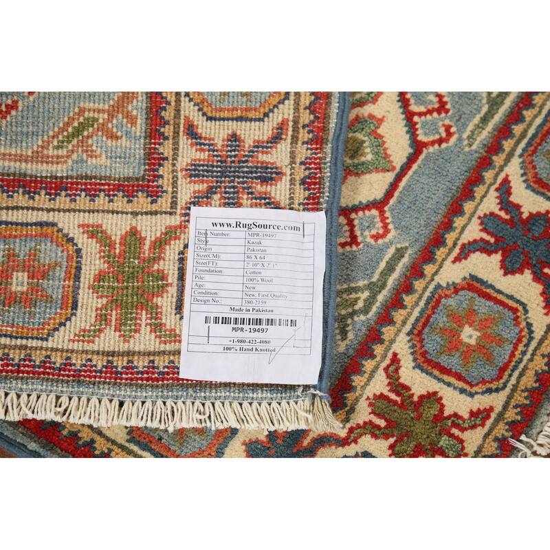 Light Blue Geometric Kazak Oriental Accent Rug Handmade Wool Carpet - 2'1"x 2'10"