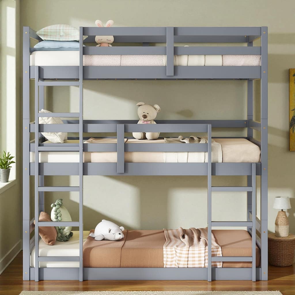 Twin Over Twin Over Twin Rubber Wood Triple Bunk Bed with Guardrails and Two Built-in Ladders, Detachable 3-Tier Bed Frame