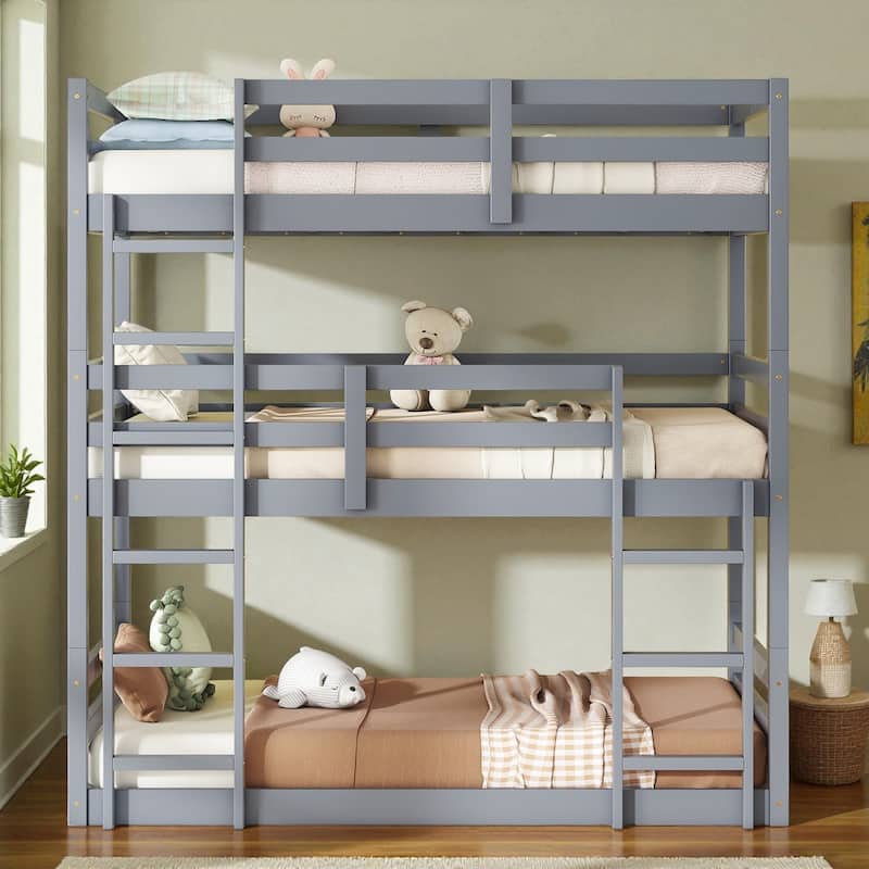 Twin Over Twin Over Twin Rubber Wood Triple Bunk Bed with Guardrails and Two Built-in Ladders, Detachable 3-Tier Bed Frame - Grey - Twin