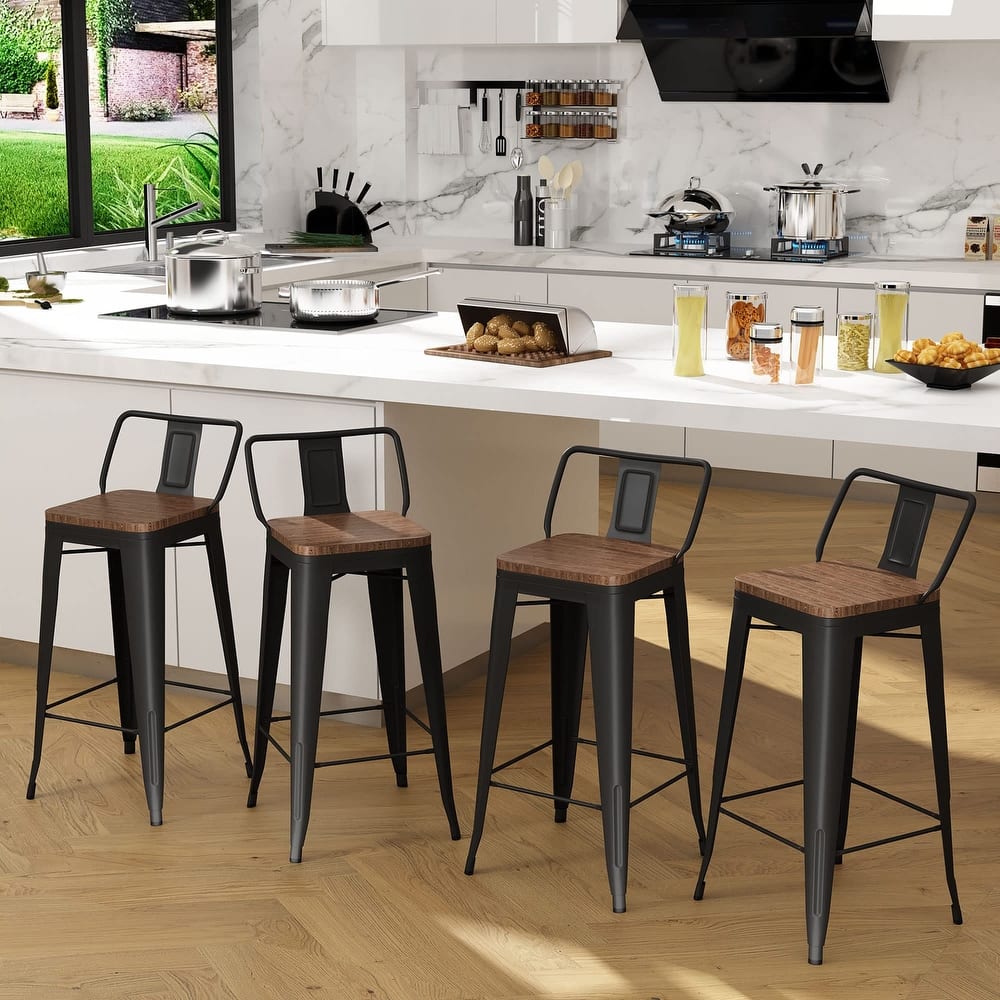 Metal Bar Stools Set of 4 black counter stools with Wooden Seats