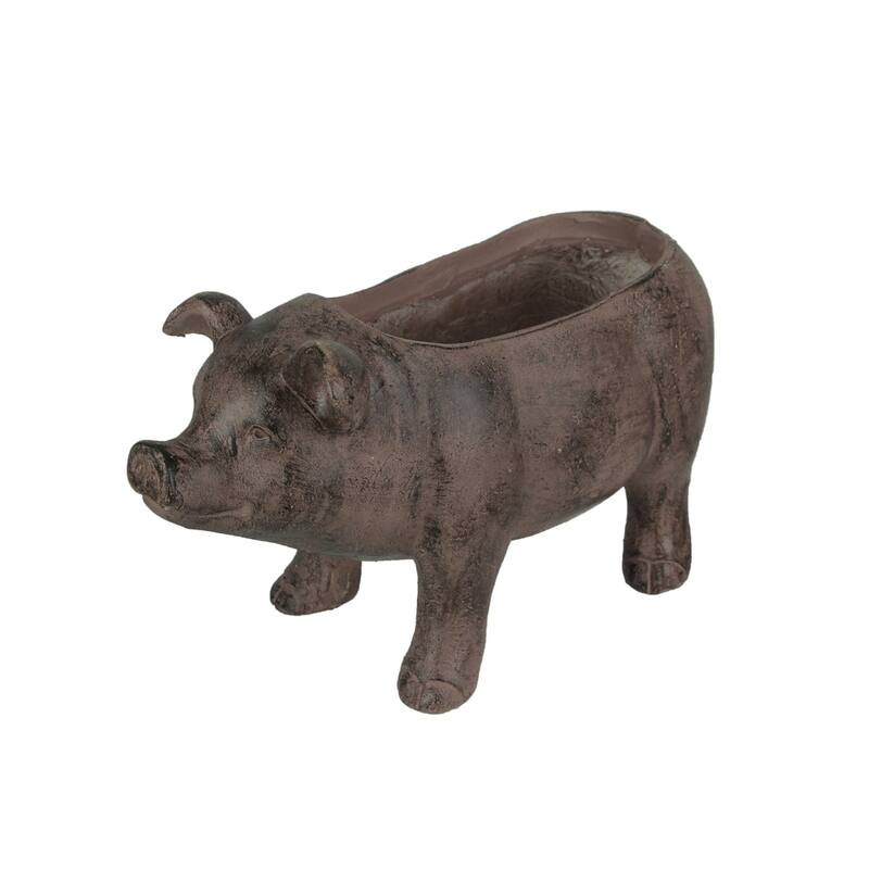 Zeckos 17 Inch Brown Finish Smiling Pig Resin Planter Plant Pot - 9.5 X 17.25 X 7.75 inches