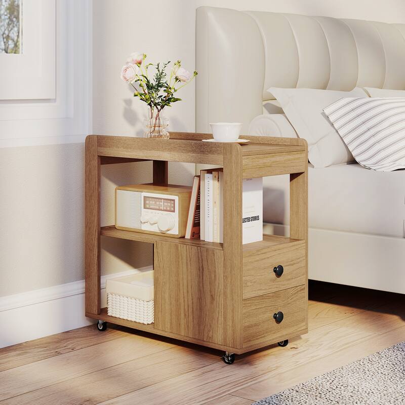 3-Tier Wooden Mobile Side End Table with Casters and 2 Drawers for Bedroom or Living Room - 25.5" x 12" x 24.5" - Natural