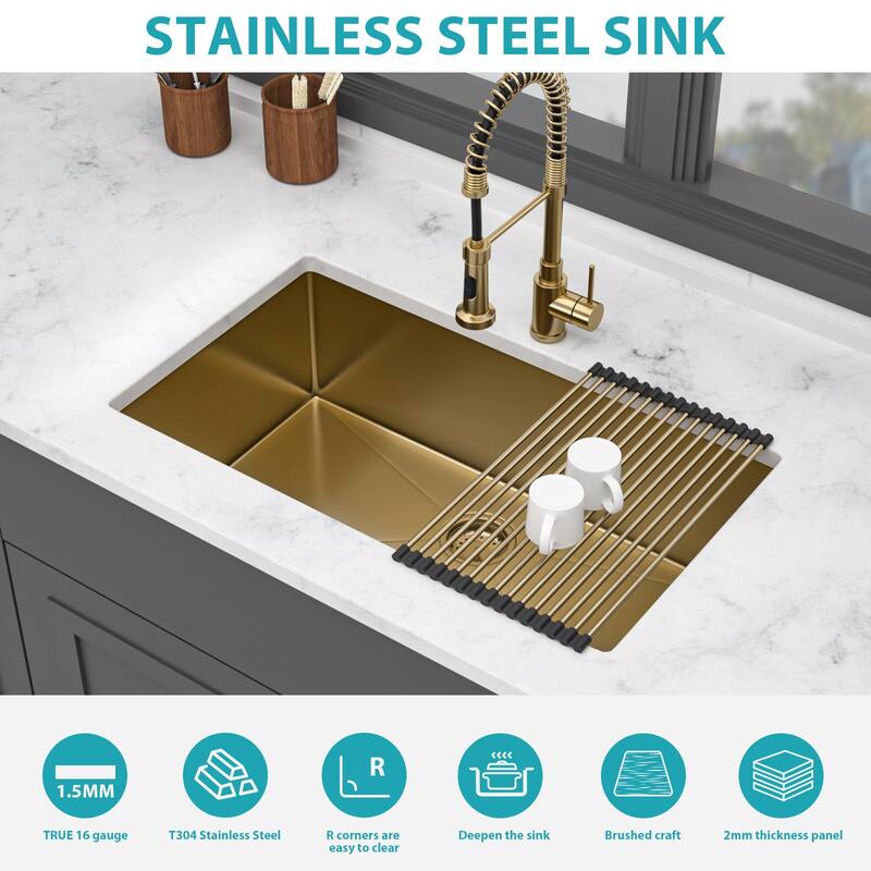 32" Undermount 16 Gauge Single Bowl Stainless Steel Kitchen Sink in Gold - 32'' x 19'' x 10''