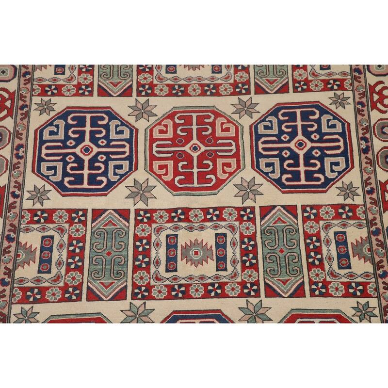 Hand Knotted Oriental 100% Wool Carpet Traditional All-Over Beige & Ivories Kazak Area Rug - 9' 7'' X 6' 6''