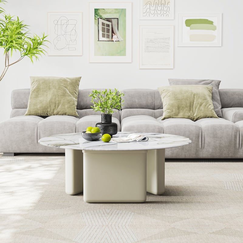 35.43" Modern Round Coffee Table, Faux Marble Table Top, 3 Wood Legs