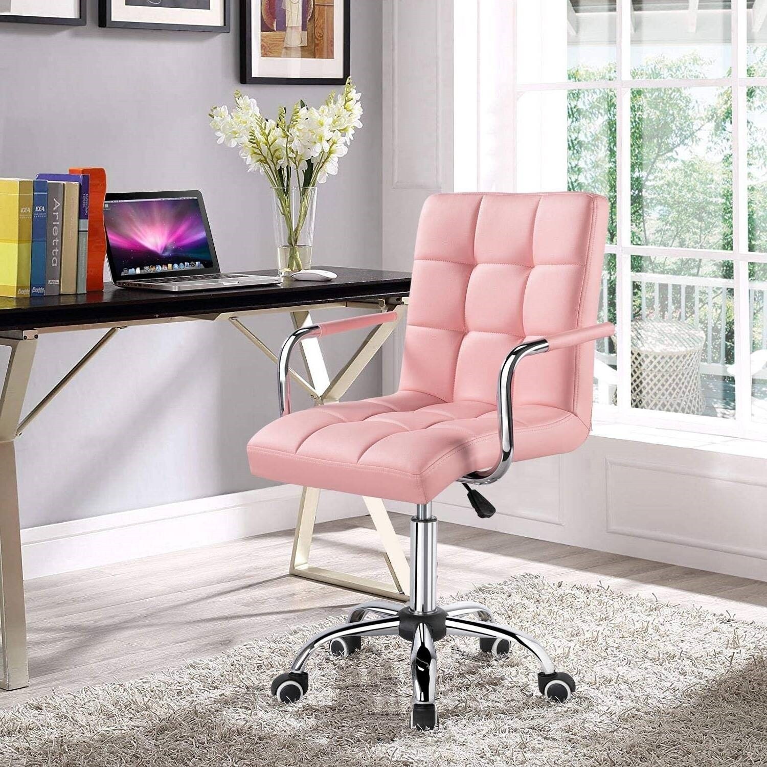 Dark Brown White Pink Modern Faux Leather Mid Back Office Chair