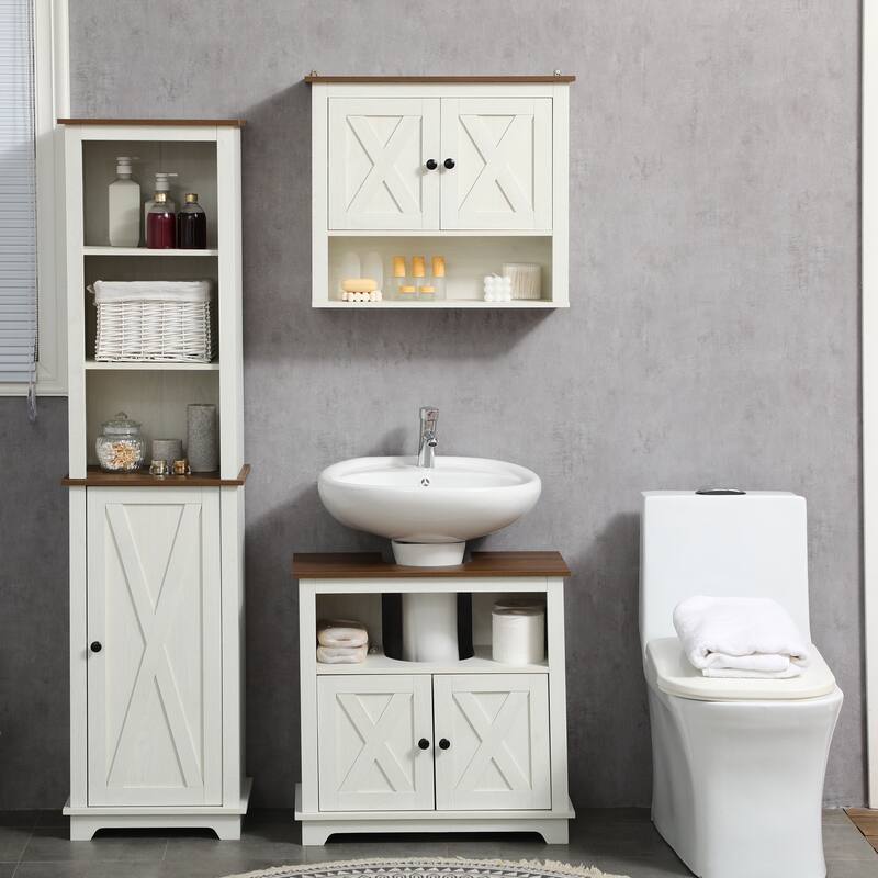Farmhouse Pedestal Sink Cabinet, Compact Bathroom Storage with Double Doors, Open Shelf, U-Shaped Design