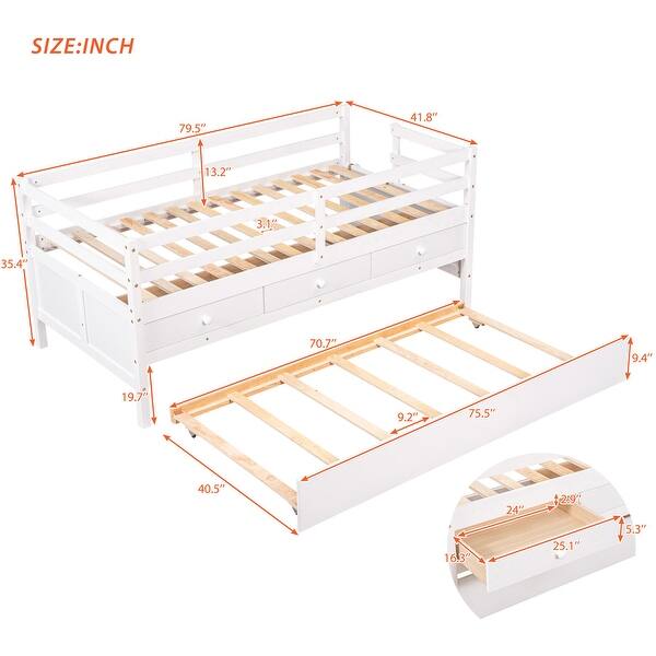 dimension image slide 2 of 3, Modern Twin Size Low Loft Bed With Full Safety Fence,Climbing Ladder,Storage Drawers and Trundle