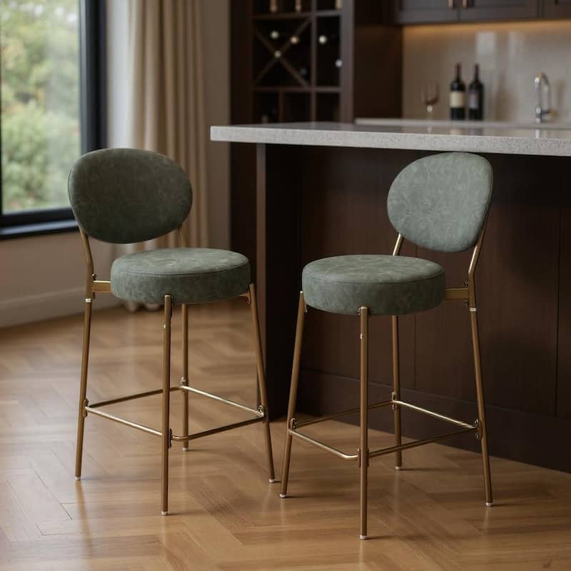 HomeRoots Set of Two 29" Green and Gold Faux Leather and Metal Low Back Bar Height Bar Chairs - Bar Height - Green - Set of 2