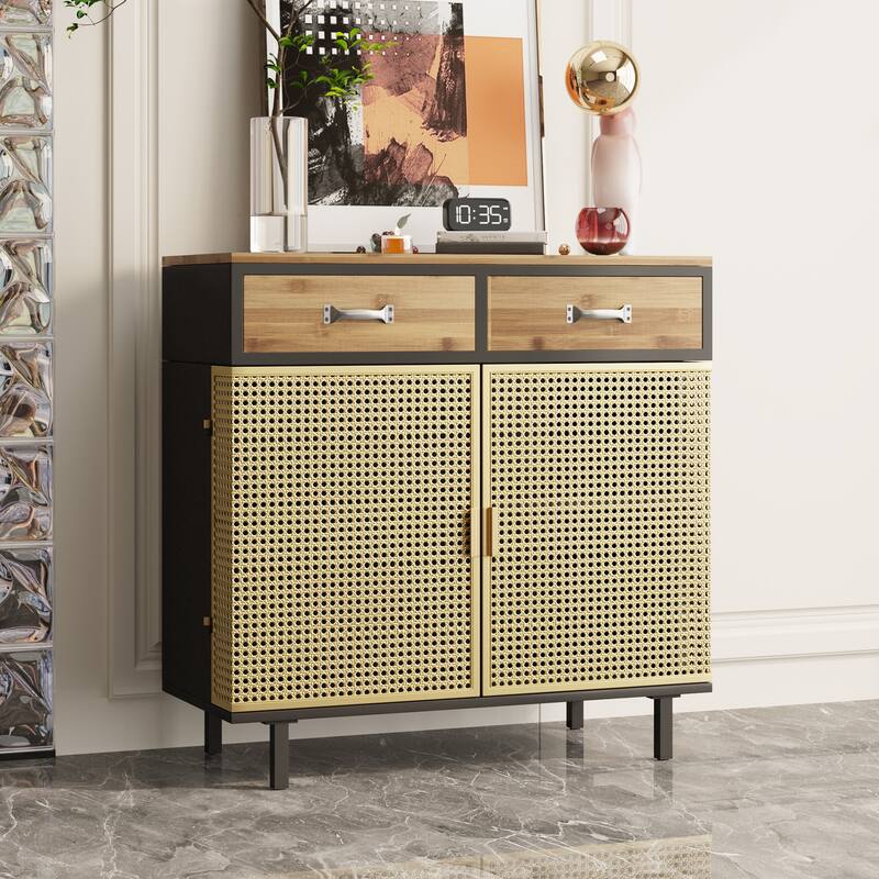 2 Drawer Wood Accent Storage Cabinet with Iron Grid Doors - Gold
