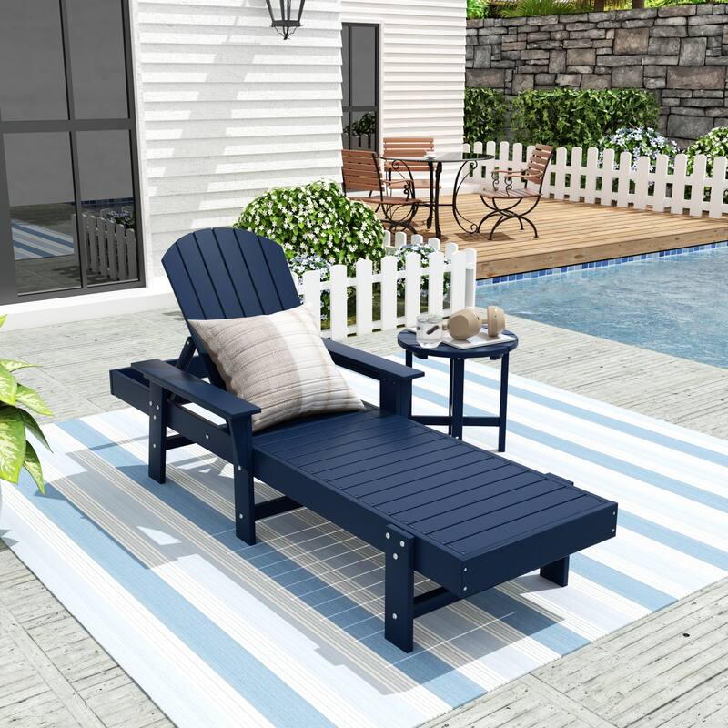 Polytrends Altura Poly Eco-Friendly All Weather Reclining Chaise Lounge with Arms & Side Table (2 Piece Set) - Navy Blue