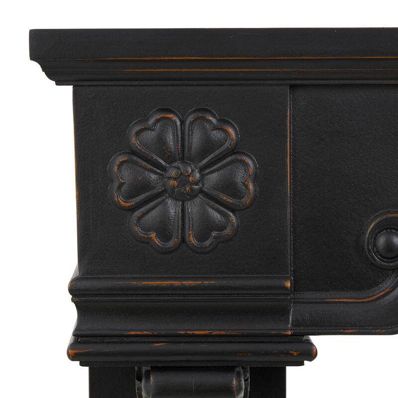 Black Wood Freestanding Scroll Decorative Fireplace Mantle with Floral Accents