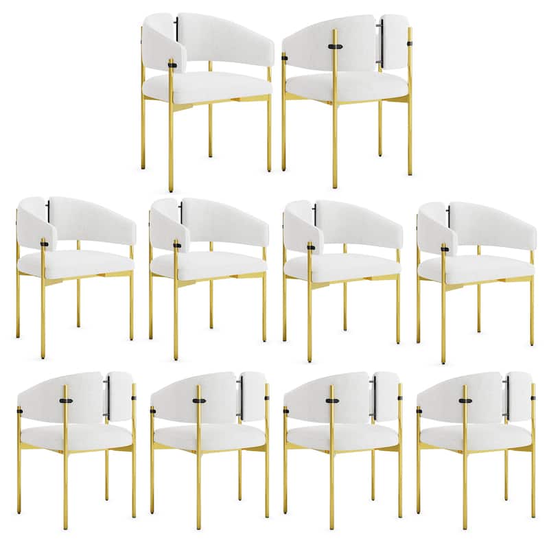 Classic and Luxurious Barrel Dining Chairs with Arms - Set of 10 - Polished Gold And White
