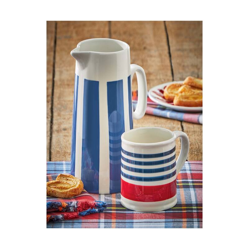 Blue Bold Stripe Stoneware Serving Pitcher, Tabletop and Kitchen Decorations 53 0z.