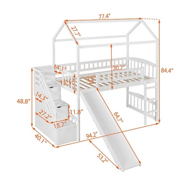 dimension image slide 0 of 2, Twin Size High Loft Bed with Ladder and Slide, Solid Wood Playhouse Loftbed Bedframe with Storage Staircase, for Kids Teens