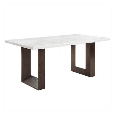 Rectangular Natural Marble Dining Table with Double U-Shape Base in White and Espresso - White/Espresso