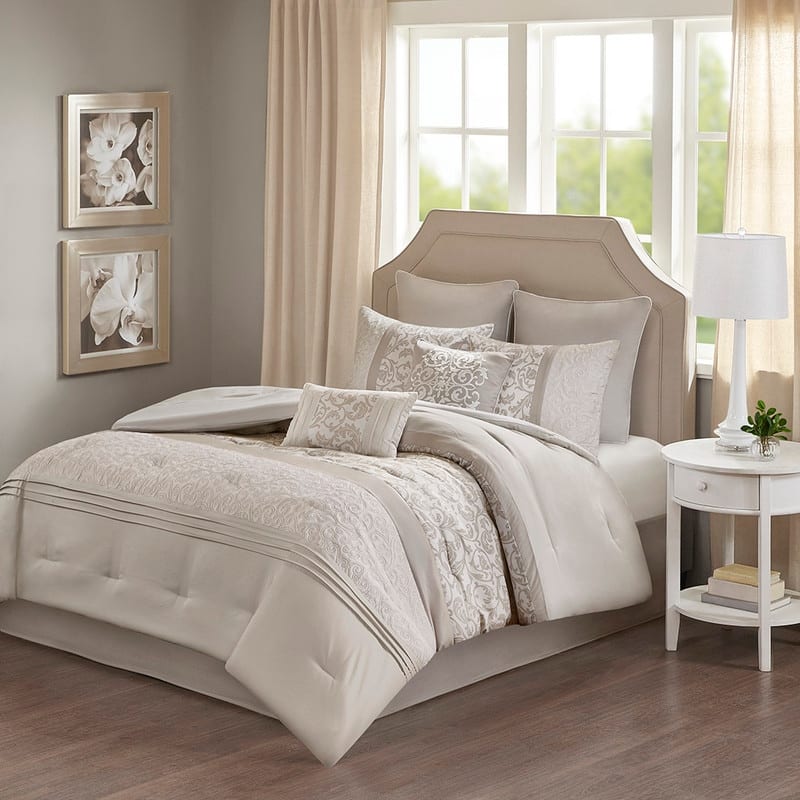 Embroidered 8 Piece Comforter Set Neutral - Neutral - King