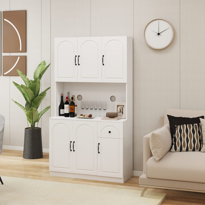 Kitchen Pantry with Microwave Countertop, Storage Cabinet with 6 Doors and 1 Drawer, Cupboard with Adjustable Shelves - White
