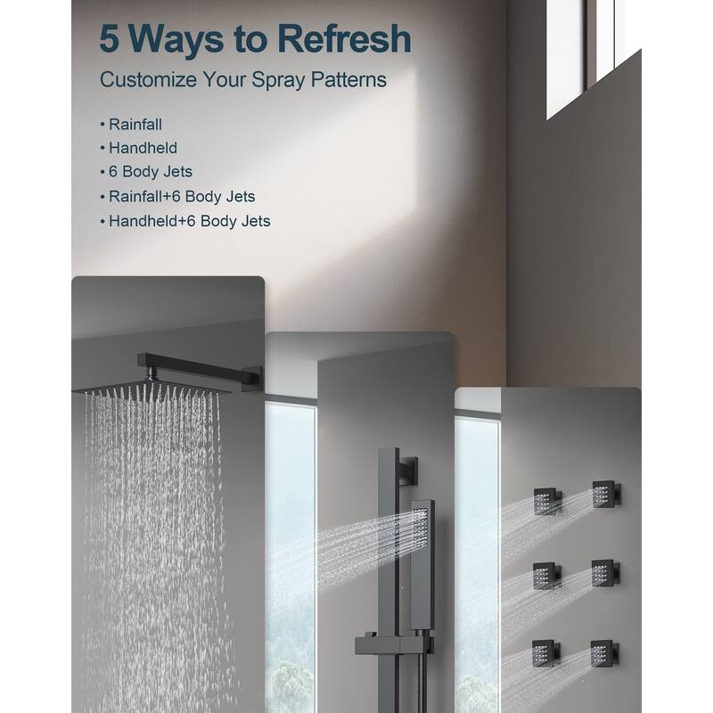 GRANDJOY Thermostatic Shower Faucet Set 12" Wall Mount Rainfall Shower Head Handheld Spray with Slide Bar Body Jets