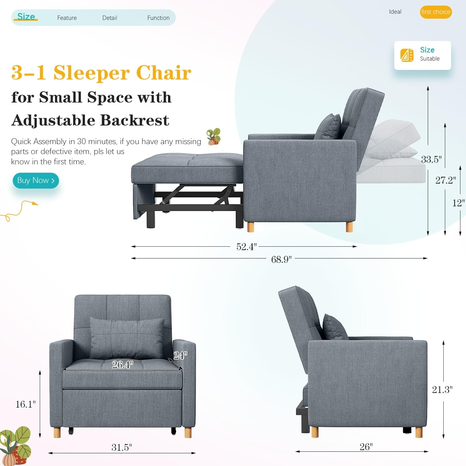 AECOJOY Sleeper Sofa Chair 3 in 1 Sleeper Chairs for Adults On