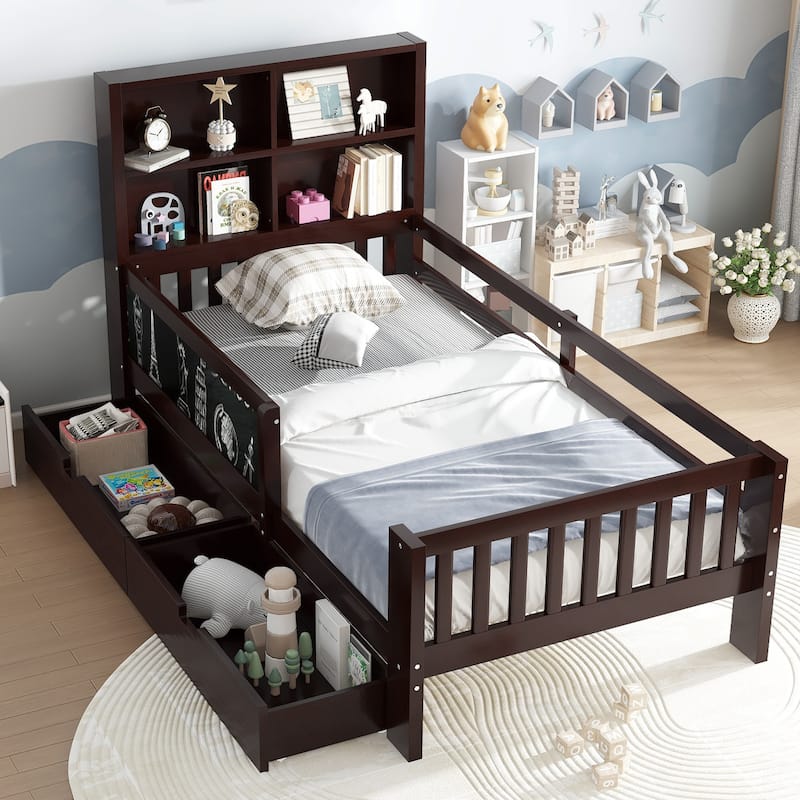 Childlike Fun Solid Wood Low-profile Platform Bed Storage Bed Frame with Side Chalkboard, Open Shelves, Drawers and Guardrails - Espresso - Twin