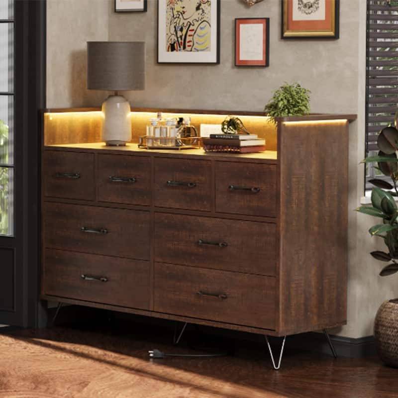 8 Drawer Dresser for Bedroom with LED Light, Charging Station & Open Shelf