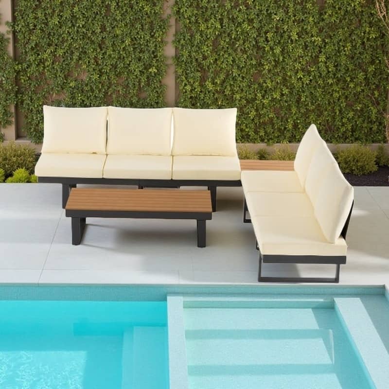 Outdoor Sectional Sofa Set with Adjustable Reclining Seats, Coffee Tables & Hidden Side Tables