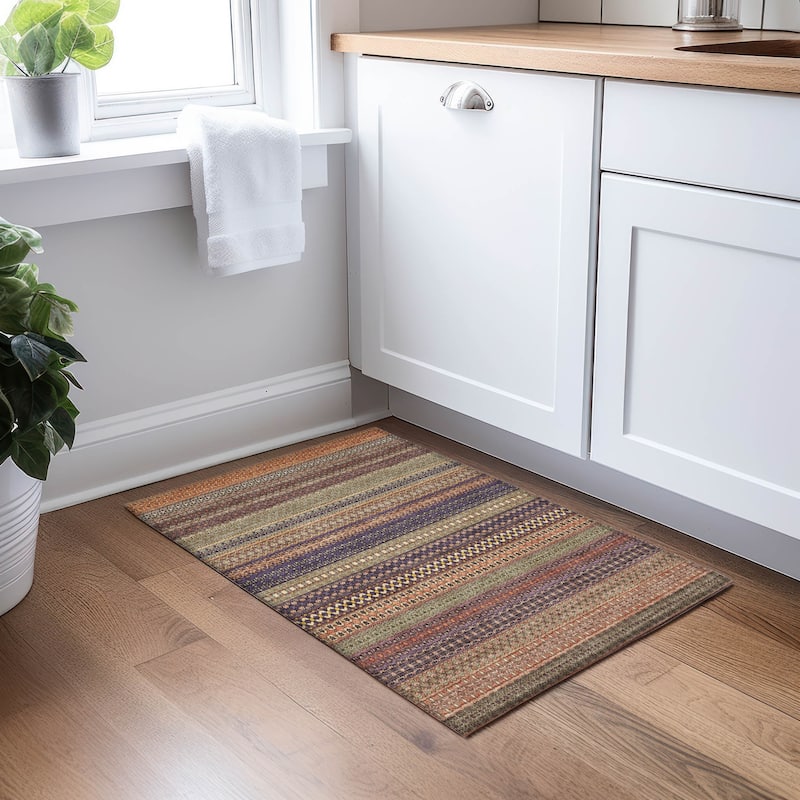 Machine Washable Indoor/ Outdoor Moroccan Stripes Chantille Rug - Paprika - 1'8" x 2'6"