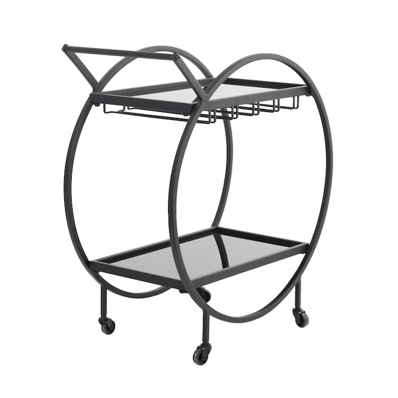 Metal Rolling 2 Mirrored Shelves Bar Cart with Wine Glass Storage and Handle - Rose Gold, Silver or Black - Roche River Decor