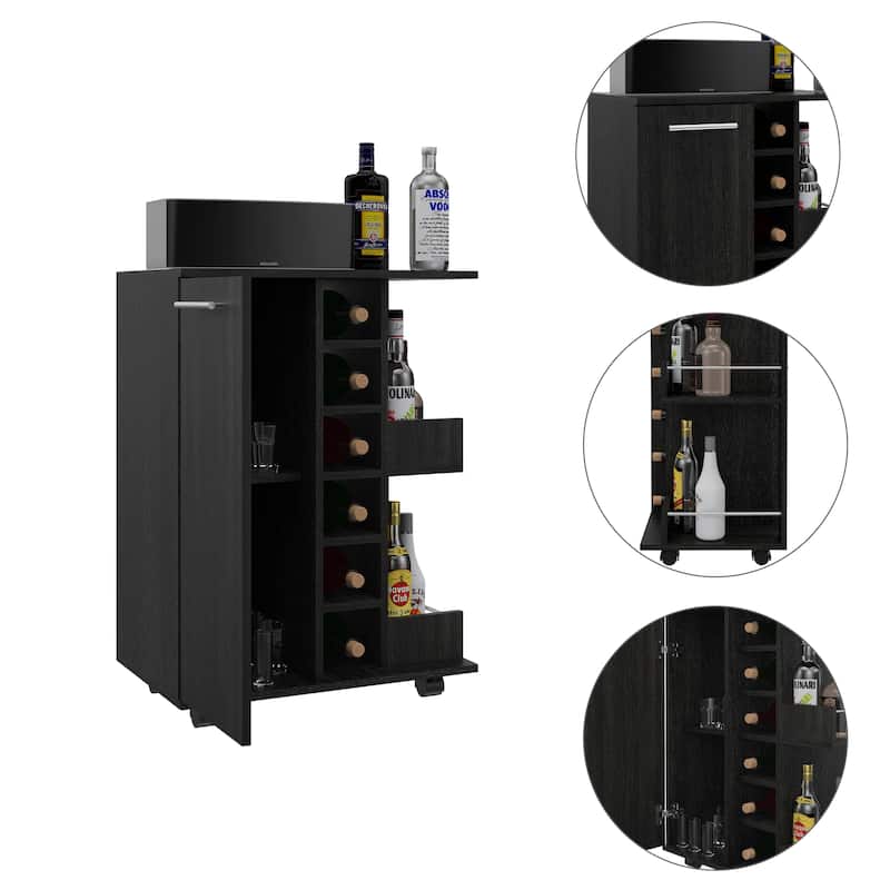 TUHOME Bar Cart, Two External Shelves, Four Casters, Six Built-in Wine Rack and Single Door Cabinet - 23" W x14"D x 32"H