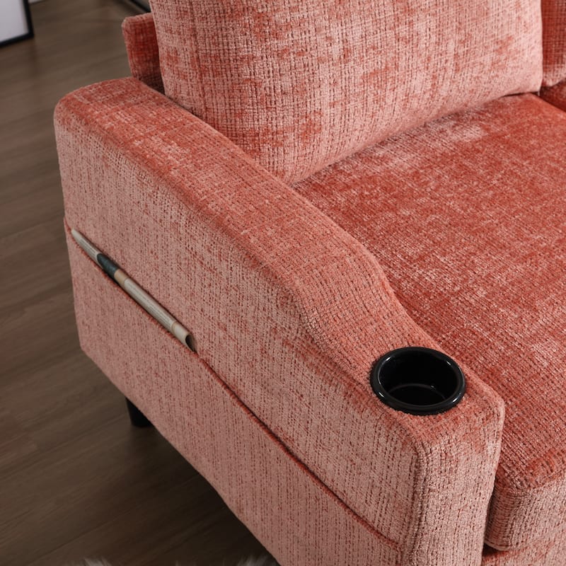 Modular Sectional Sofa with Storage Ottoman, Comfy Chenille Fabric Sofa, 3-Seater Sofa with Side Pockets & 2 Cup Holders