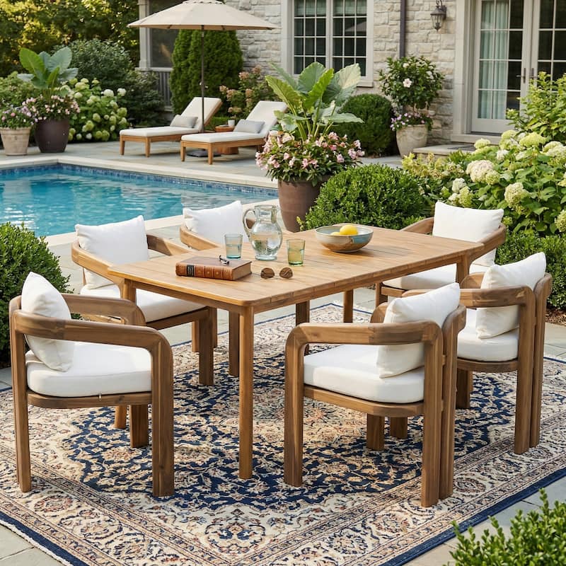 Christopher Knight Home - Country Acacia Wood 7-Piece Outdoor Dining Set with Cushions, Natural and Teak Finish Patio Table - Natural+Cream