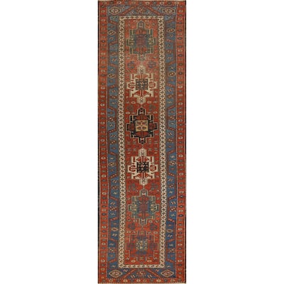 Hand Knotted Oriental 100% Wool Carpet Traditional Geometric Oranges & Rust Heriz (serapi) Runner Rug - 12' 7'' X 2' 10''