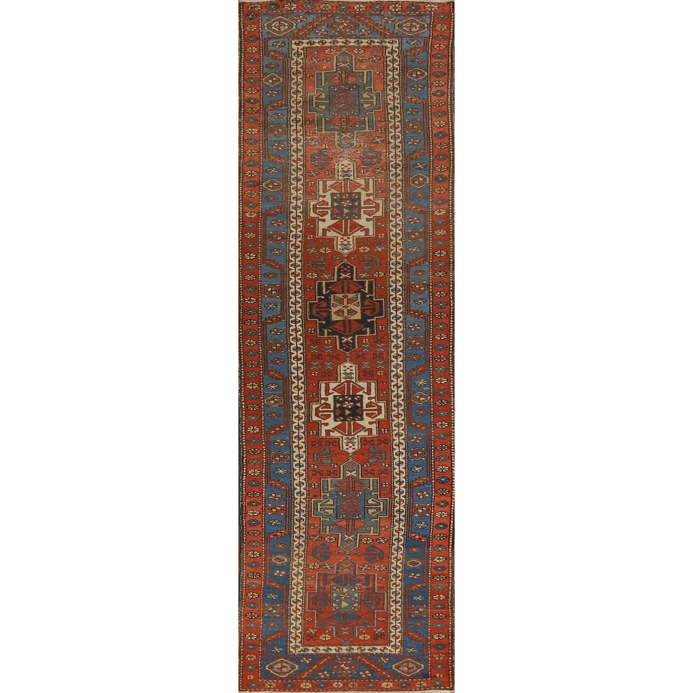 Hand Knotted Oriental 100% Wool Carpet Traditional Geometric Oranges & Rust Heriz (serapi) Runner Rug - 12' 7'' X 2' 10''