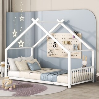 White Twin Size Metal House Bed with Roof, Fence, and Back