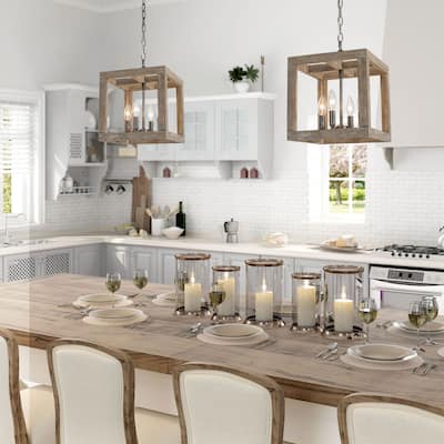 Kiria Modern Farmhouse 4-Light Wood Chandelier Rustic Kitchen Island Light Dimmable Dining Room Entryway