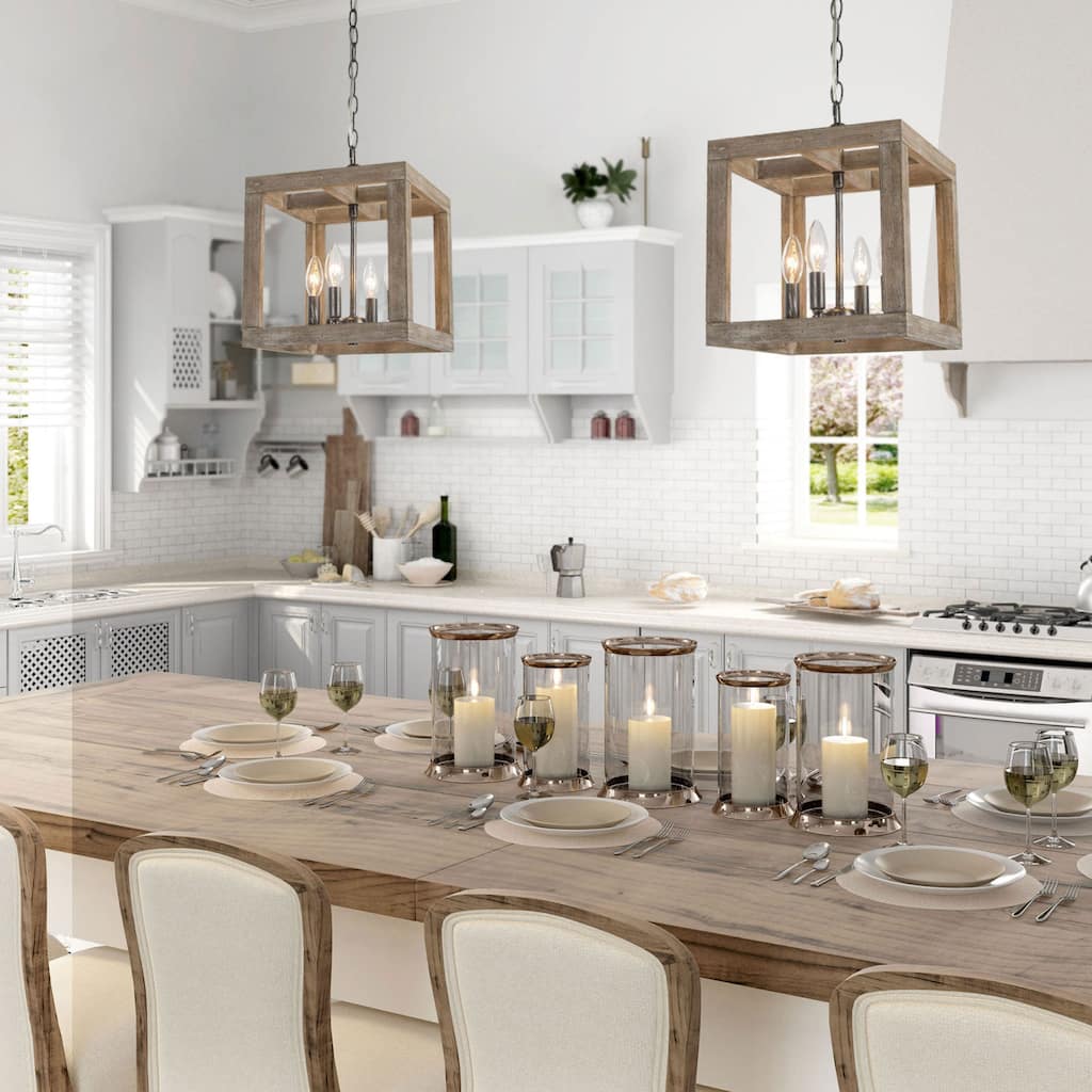 Kiria Modern Farmhouse 4-Light Wood Chandelier Rustic Kitchen Island Light Dimmable Dining Room Entryway