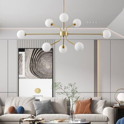 Modern 8-Light Sputnik Linear Chandelier with Glass Shade