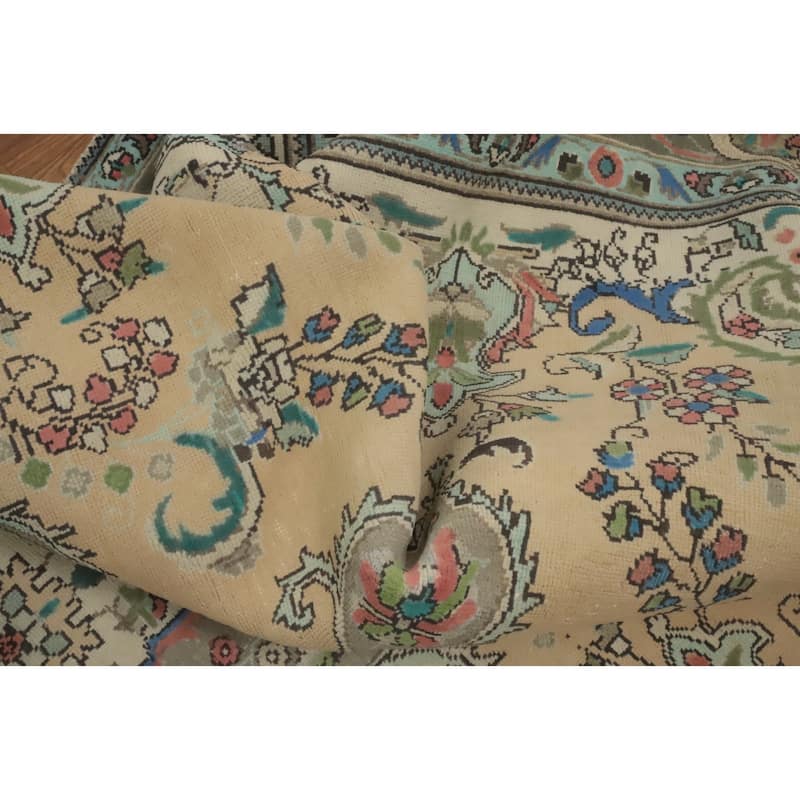 Hand Knotted Oriental 100% Wool Carpet Traditional Floral Beige & Ivories Tabriz Area Rug - 9' 5'' X 6' 5''