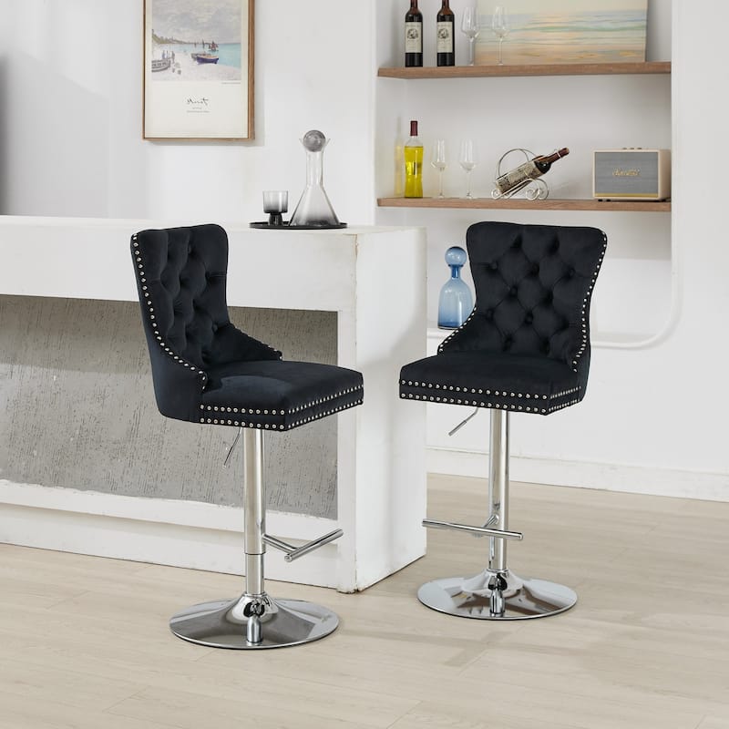 Adjustable Swivel Bar Stools Set of 2, Velvet Tufted Counter Height Bar Stools, Bar Chairs with Nailheads Trim & Back