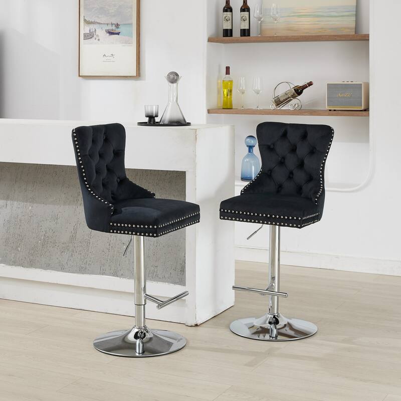 Thick Chrome Swivel Velvet Barstools,Adjustable Height,Modern Upholstered,Sponge&Spring（Set of 2)