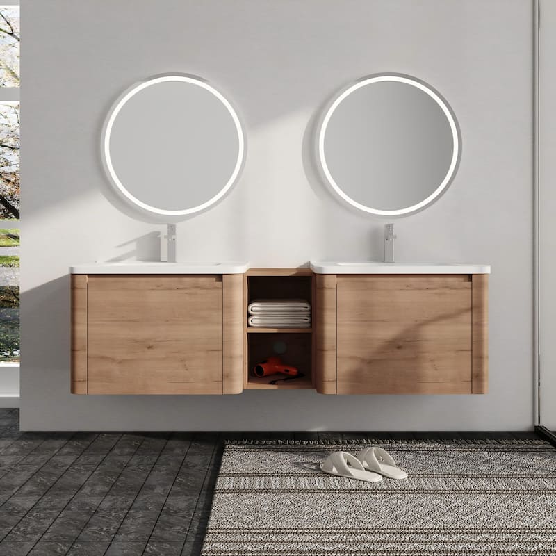Malwee 28"/40"/52"/68" Floating Bathroom Vanity, Wall Mounted Bathroom Vanity with Ceramic Sink,Soft Close Door and Shelf - 67.7"×18.8"×20.0"