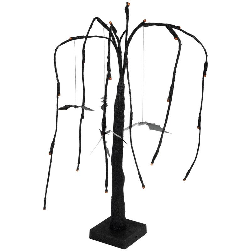 24" LED Black Glittered Halloween Willow Tree With Bats Orange Lights