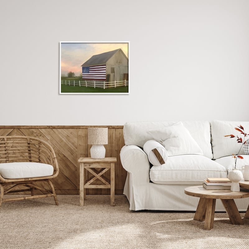 Stupell American Flag Rural Barn Sunset Farm Landscape Framed Wall Art, Design by Amy Hall - Multi
