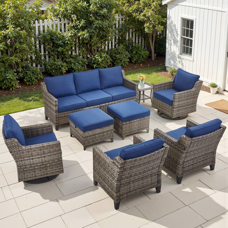 Pocassy Outdoor Patio Furniture Wicker Sofa Swivel Chair Set - Grey Wicker Blue Cushion - 8 Pieces Sofa Chair Table with Ottoman