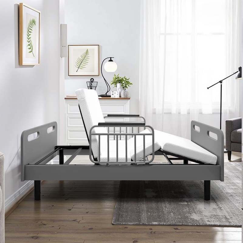 Electric Adjustable Hospital Bed for Home Use with Wired Remote Control, Memory Foam Folding Mattress & Safety Side Rails - Gray,White - Twin