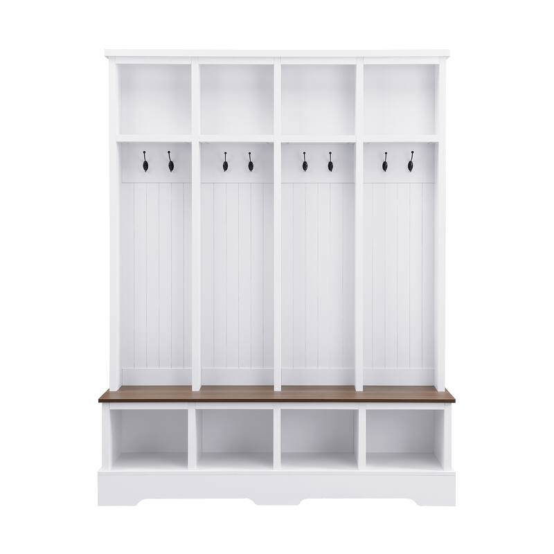 Farmhouse 59" Wide Hall Tree with 8 Hooks - Entryway Bench with Storage, 76.7" Tall Wooden Coat & Shoe Rack for Mudrooms.