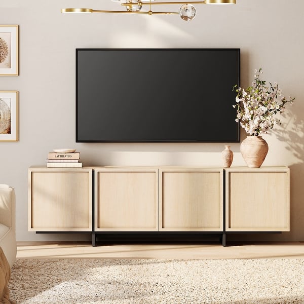 slide 2 of 35, WAMPAT TV Stand with T-Shaped Legs, Modern Entertainment Center with 4 Storage Cabinets, Media Console TV Table for Living Room 70 inches - Light Oak